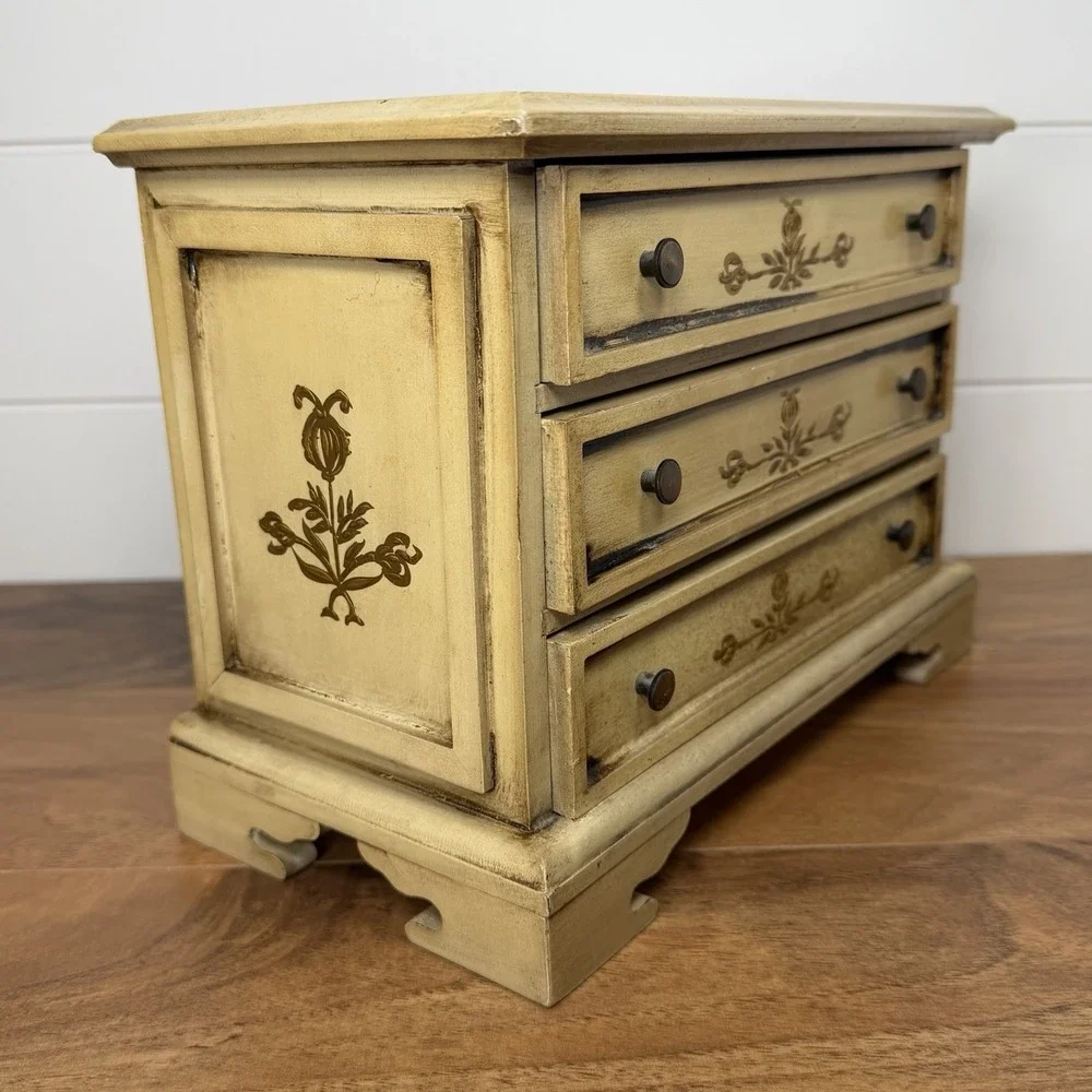 VTG Wooden Florentine Music Box Jewelry Trinket 3 Drawers MCM Japan Cottagecore